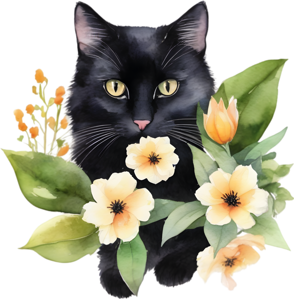 Flowers and black cat clipart for decoration in many projects. AI-Generated. png