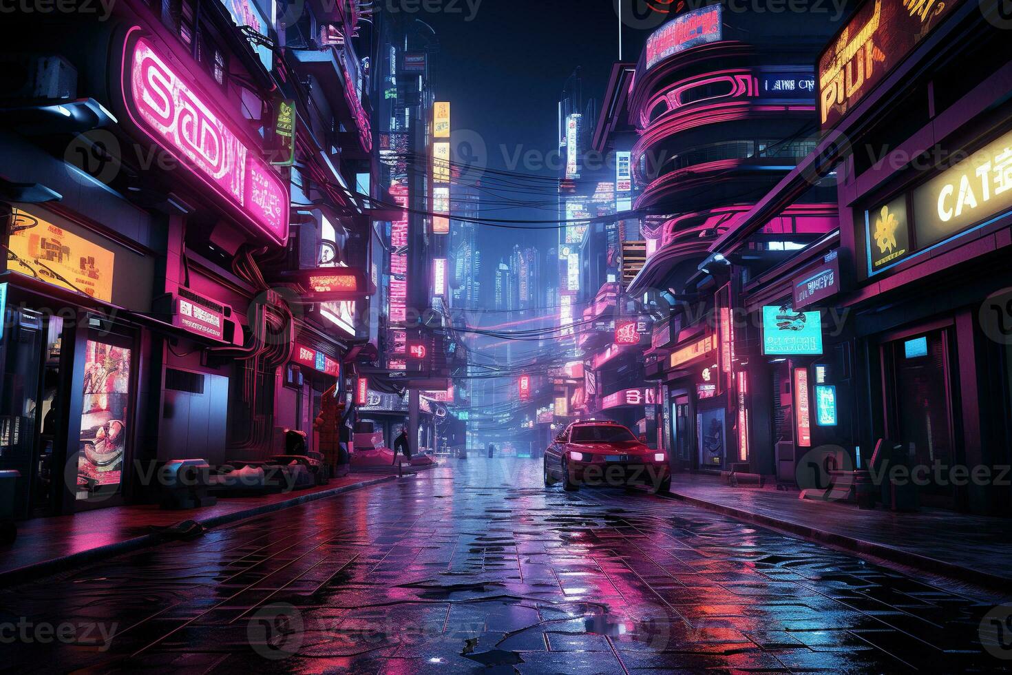 City of the future in cyberpunk style. Neon city landscape. photo