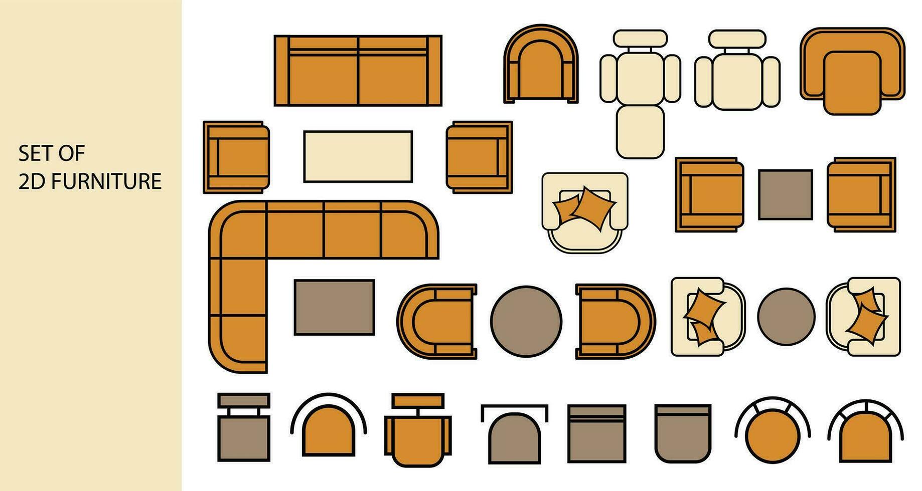 Furniture for the floor plan. Top view sofas, armchairs, and coffee tables. Perfect for interior mood boards and planning sketches. Architectural. vector