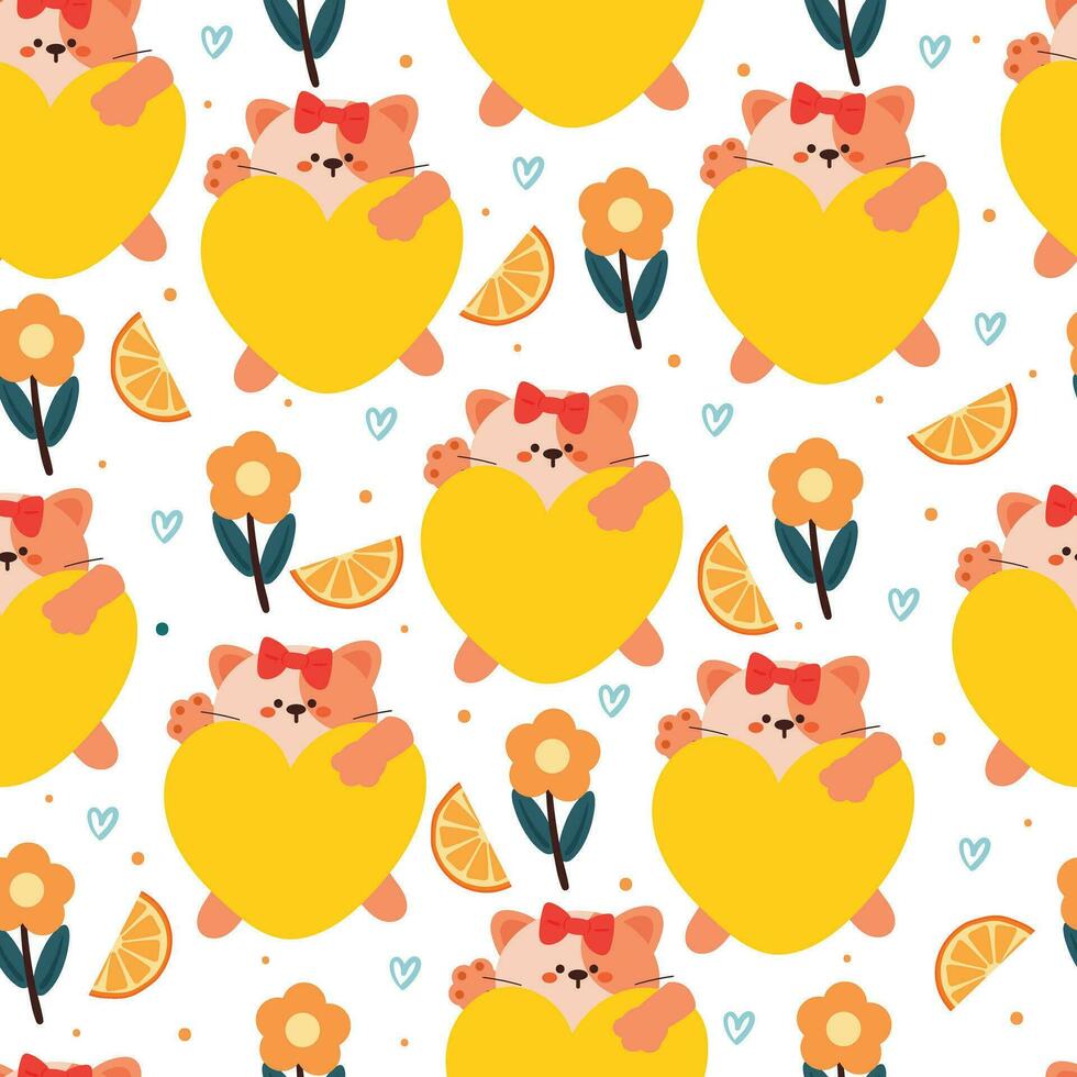 sin costura modelo dibujos animados gato con amarillo corazón, naranja y flor. linda animal fondo de pantalla ilustración para regalo envolver papel vector