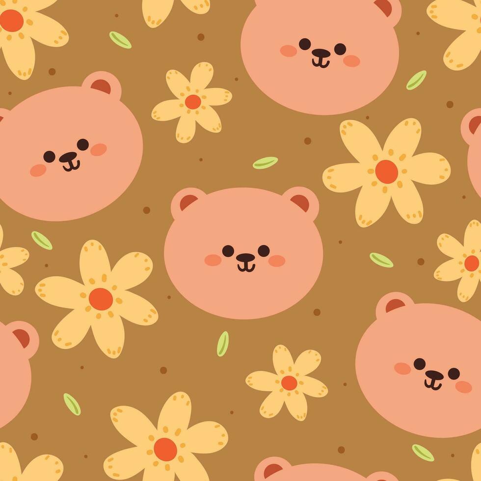 seamless pattern cartoon bear with flowers. cute animal wallpaper illustration for gift wrap paper vector