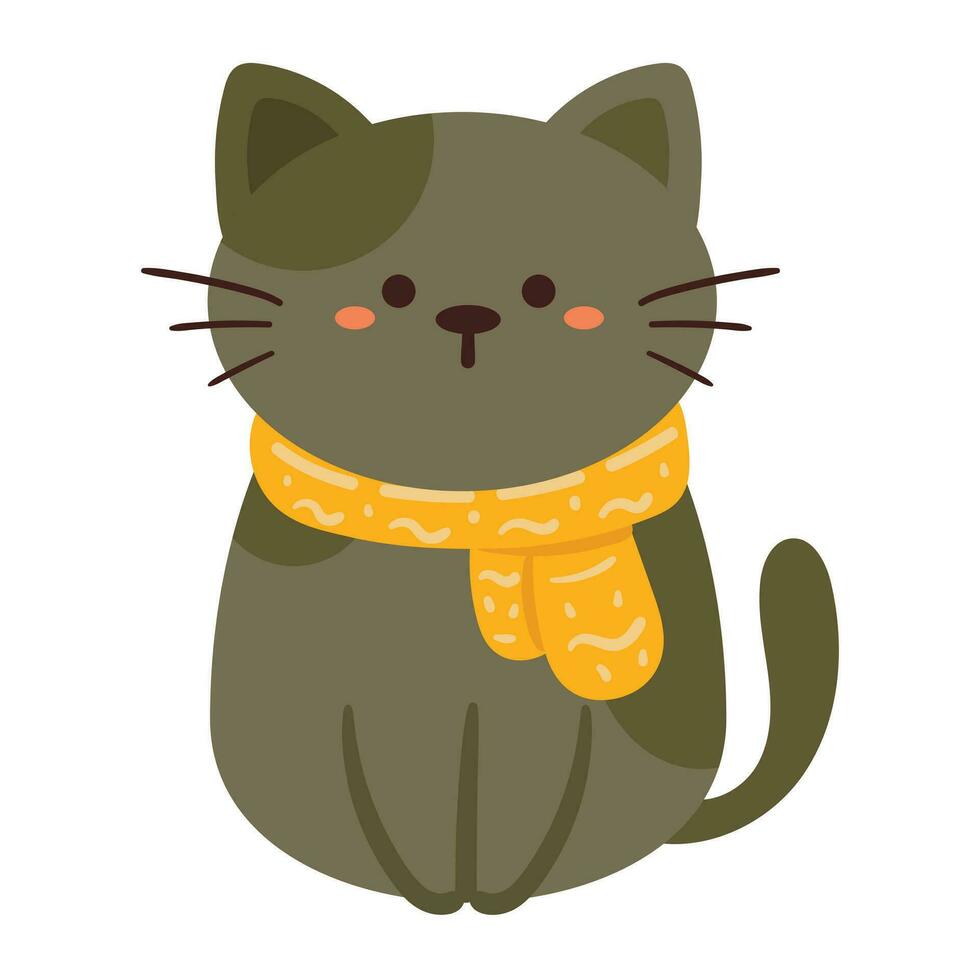 hand drawing cartoon cat wearing yellow scarf. cute animal sticker vector
