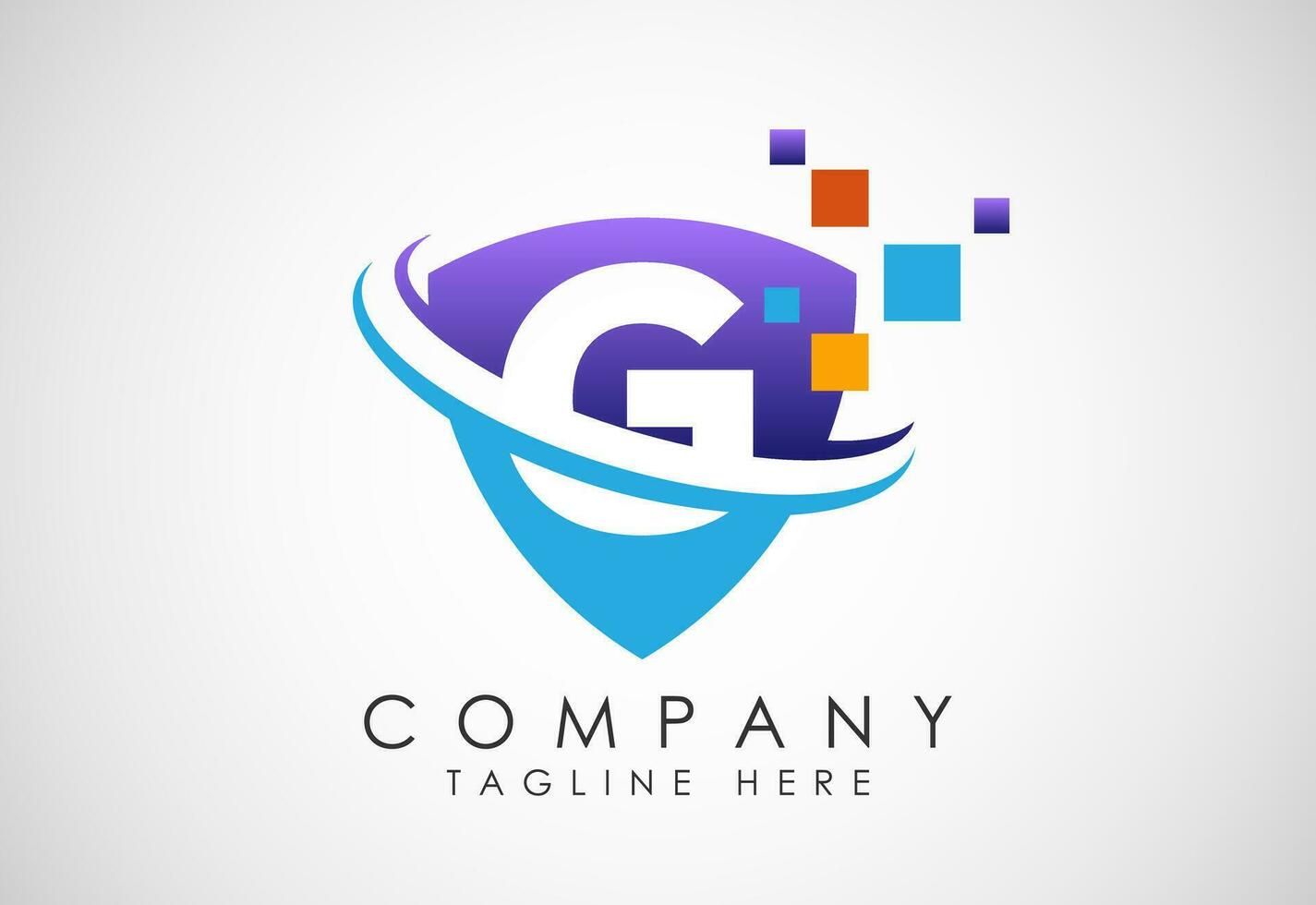 English alphabet G with shield, swoosh and data pixel. Creative technological modern logo design vector
