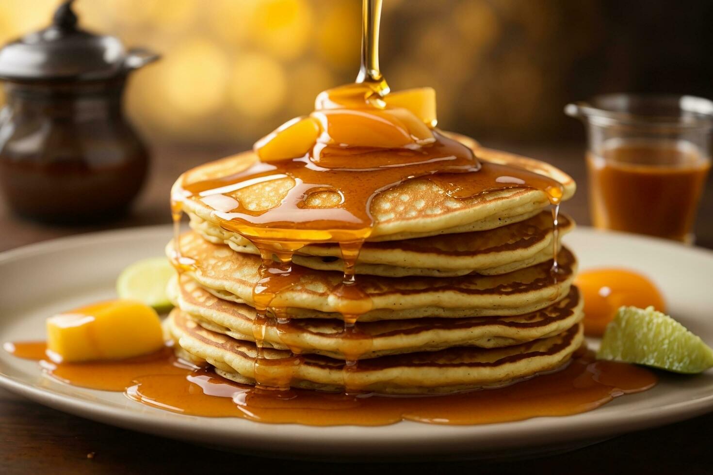 The succulent moment of pouring golden honey over a stack of fluffy pancakes Generative ai photo