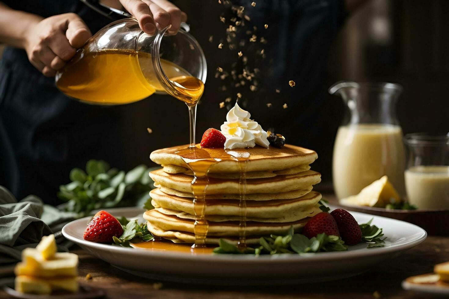 The succulent moment of pouring golden honey over a stack of fluffy pancakes Generative ai photo