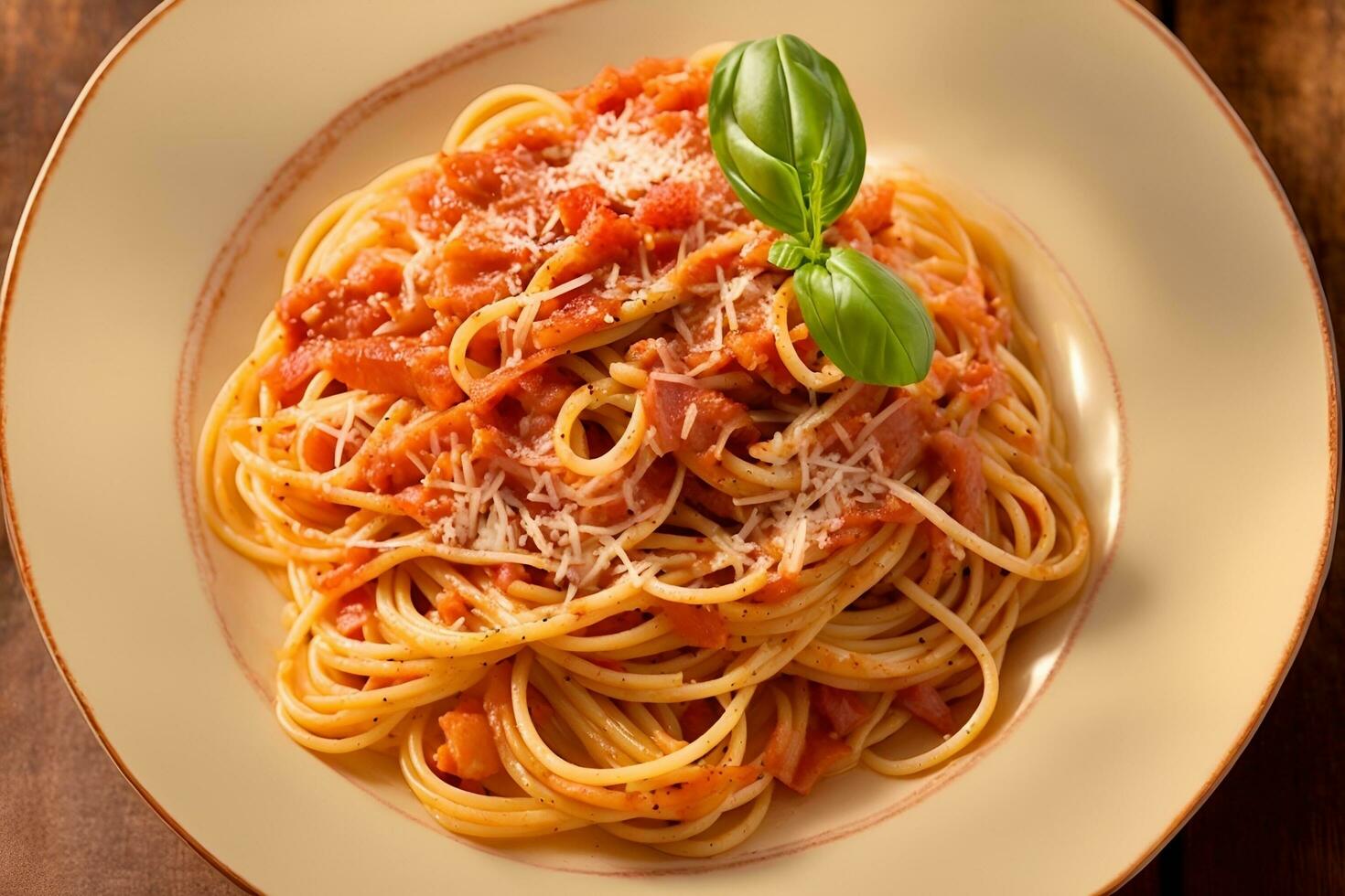 pasión para pasta con un cautivador fotografía presentando auténtico espaguetis alla amatriciana. ai generativo foto