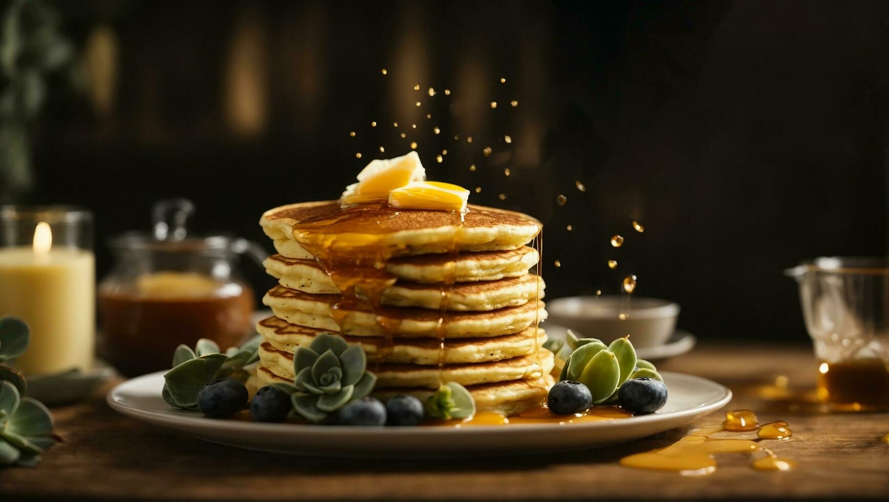The succulent moment of pouring golden honey over a stack of fluffy pancakes Generative ai photo