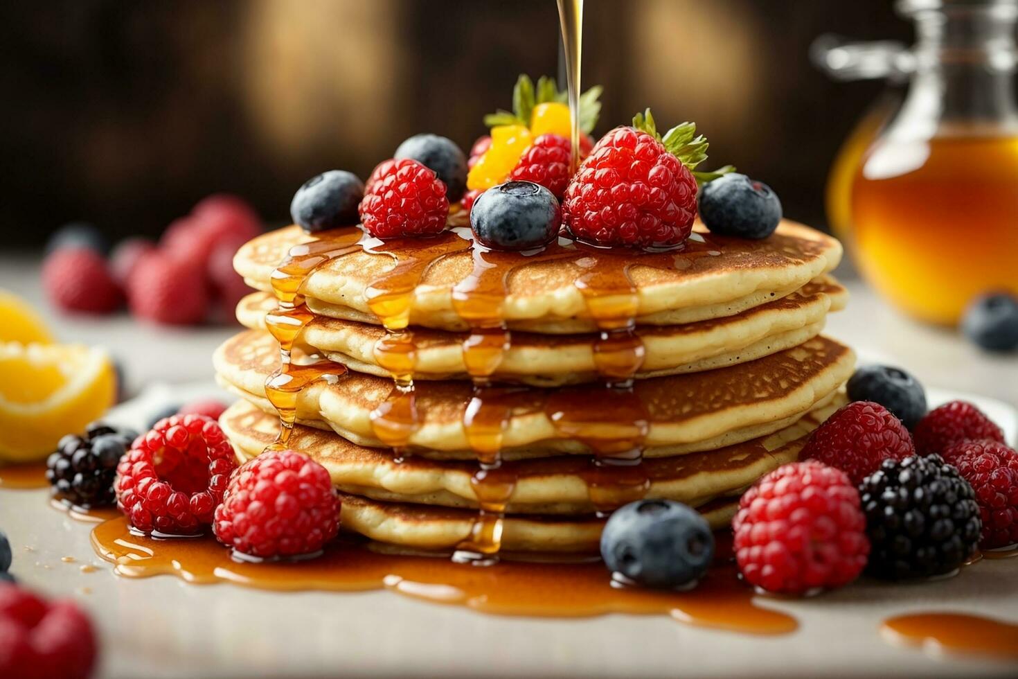 The succulent moment of pouring golden honey over a stack of fluffy pancakes Generative ai photo