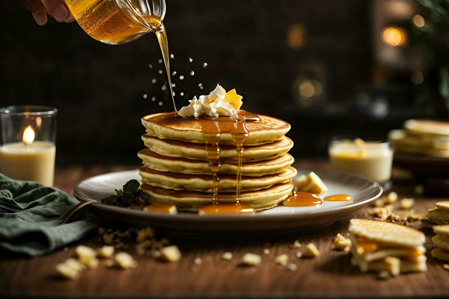 The succulent moment of pouring golden honey over a stack of fluffy pancakes Generative ai photo