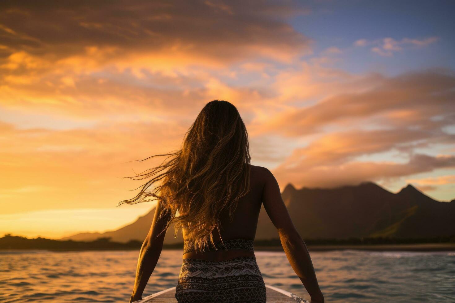 Beautiful woman on a paddle board at sunset in the ocean, Female surfer rear view in sea at sunset, Oahu, Hawaii, United States of America, AI Generated photo