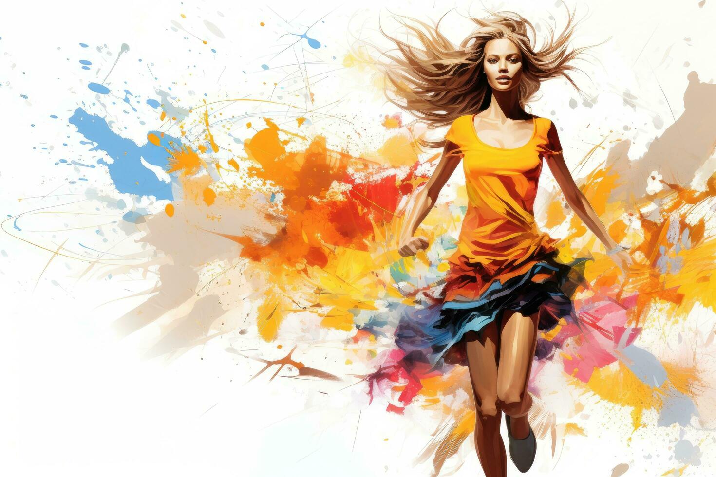 Beautiful young woman dancing on colorful watercolor splashes background, Fashion illustration of a beautiful young woman running with colorful splashes, AI Generated photo