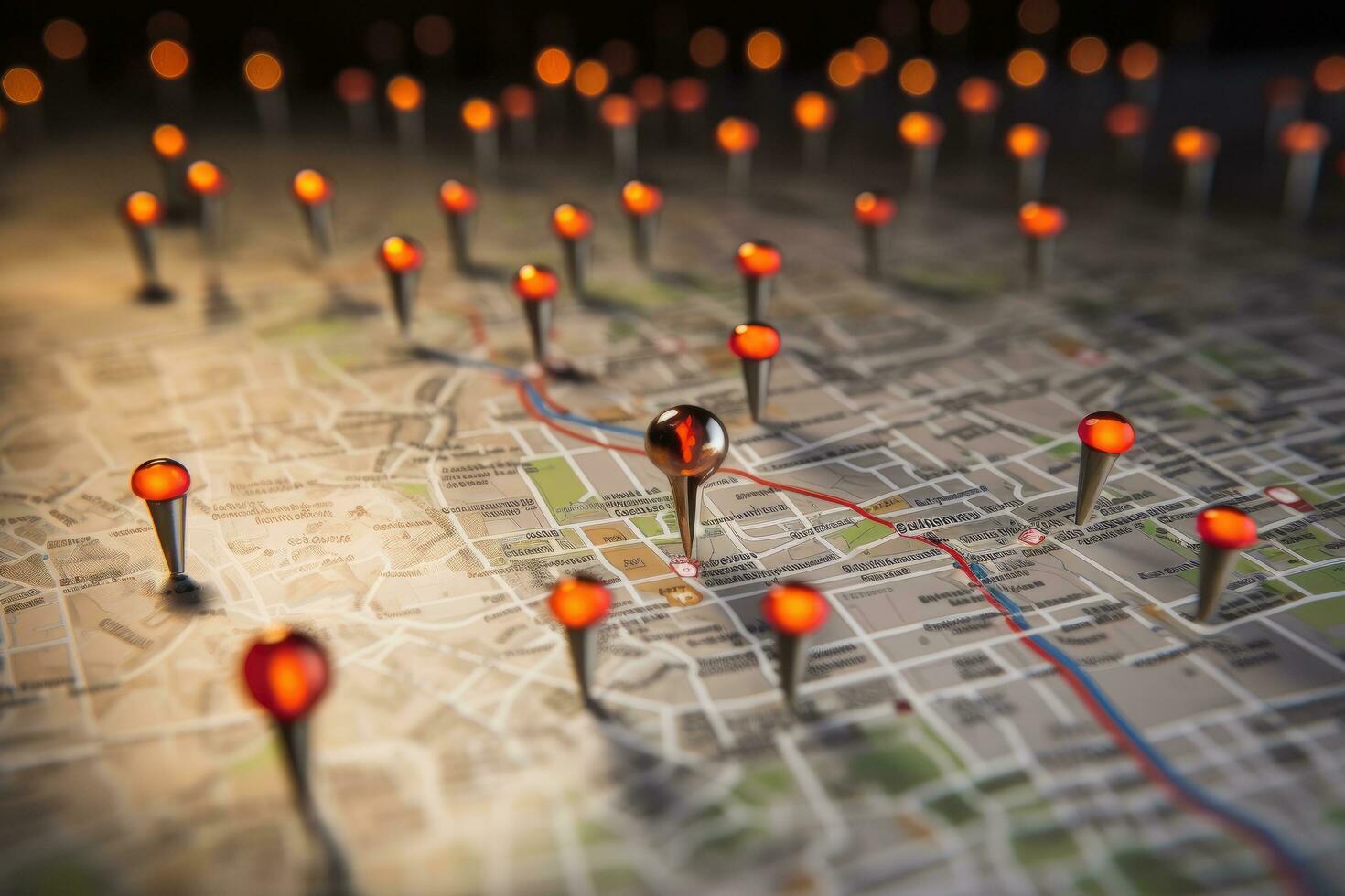 Map of Paris with red pins and bokeh lights. Travel concept, Find your way. Location marking with a pin on a map with routes, AI Generated photo