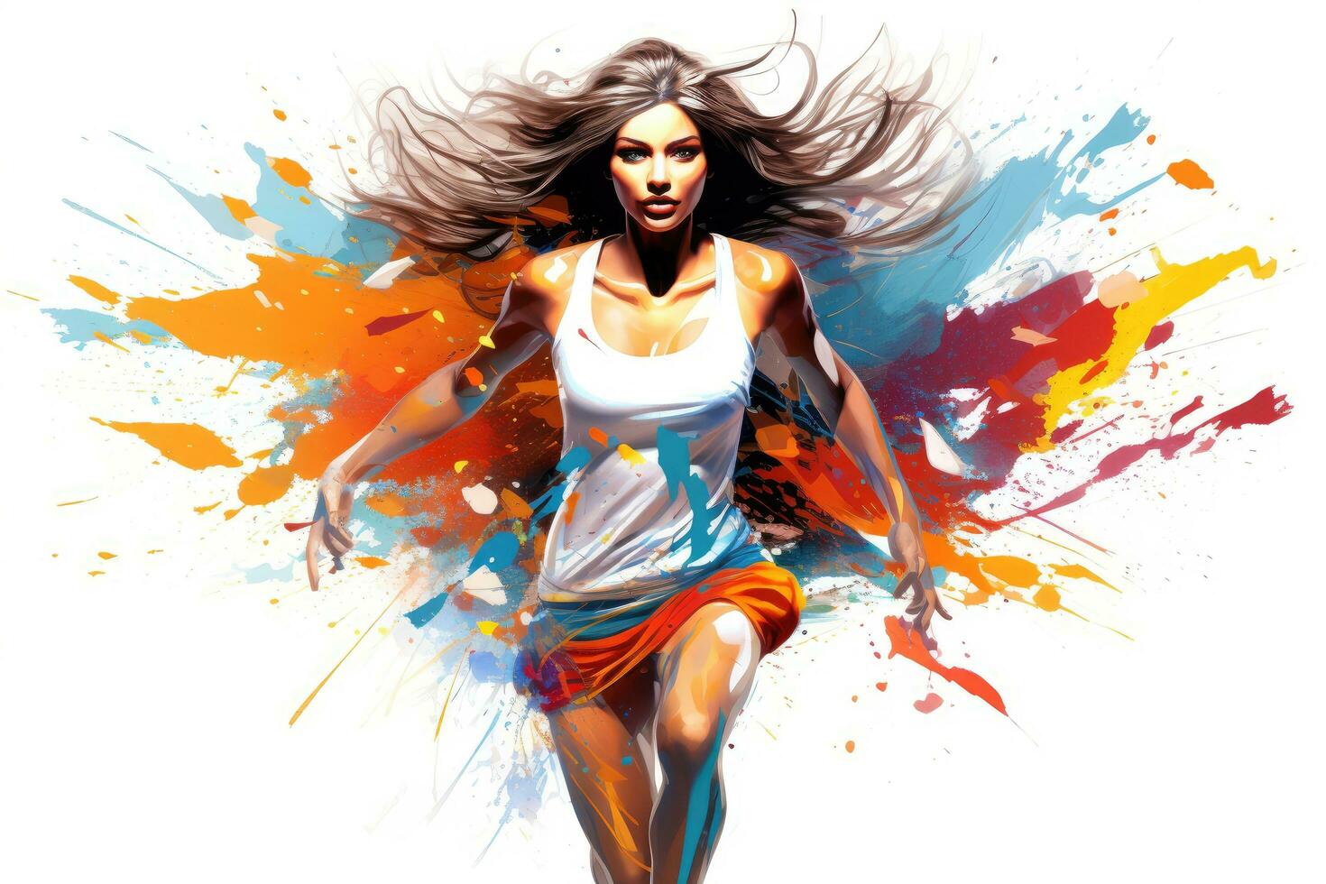 Fashion illustration of a beautiful young woman with long hair in motion, Fashion illustration of a beautiful young woman running with colorful splashes, AI Generated photo