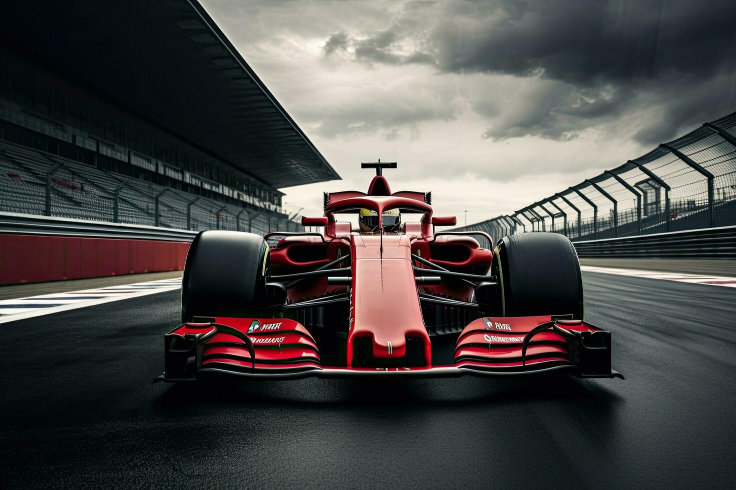 3d representación de un fórmula 1 carrera coche en el pista, ferrari f1 en el pista. deporte coche carreras fórmula uno en carrera pista, ai generado foto