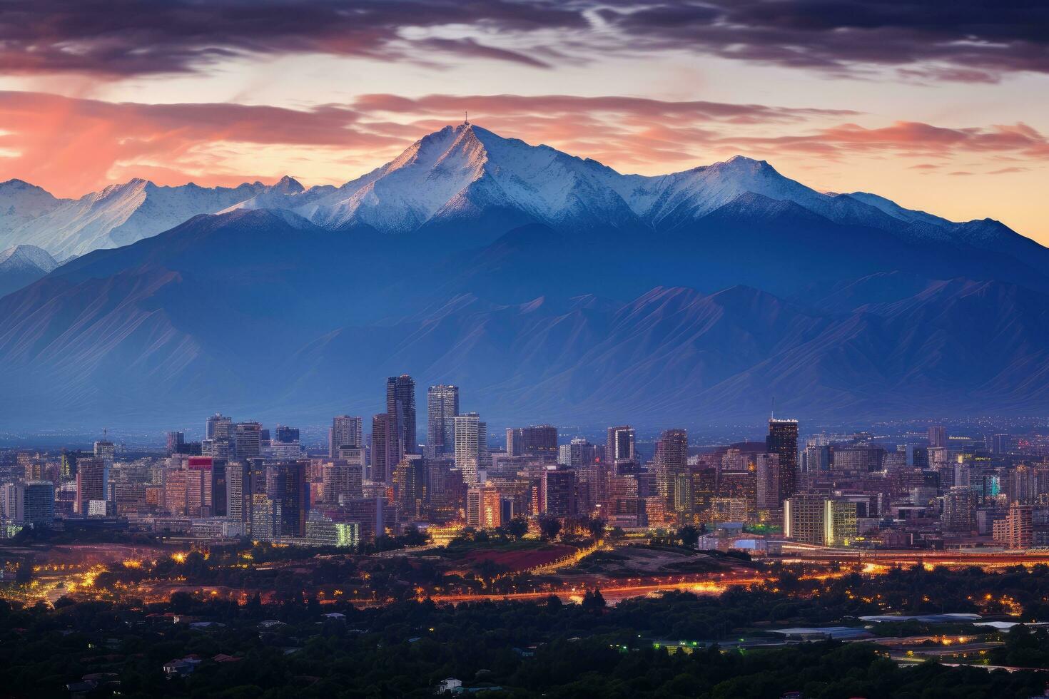 paisaje urbano de el ciudad a puesta de sol con un montaña en el fondo, noche panorama de santiago Delaware Chile, ai generado foto