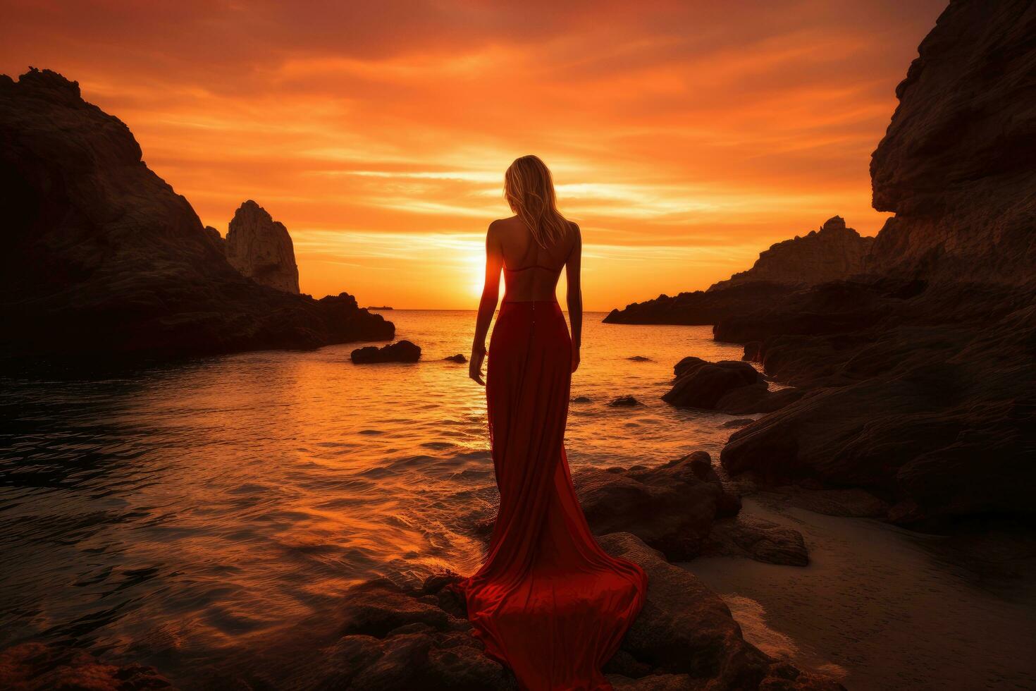 Beautiful woman in red dress standing on the beach and looking at the sunset, Epic red sunset in Cala Llentrisca with model , Ibiza, AI Generated photo