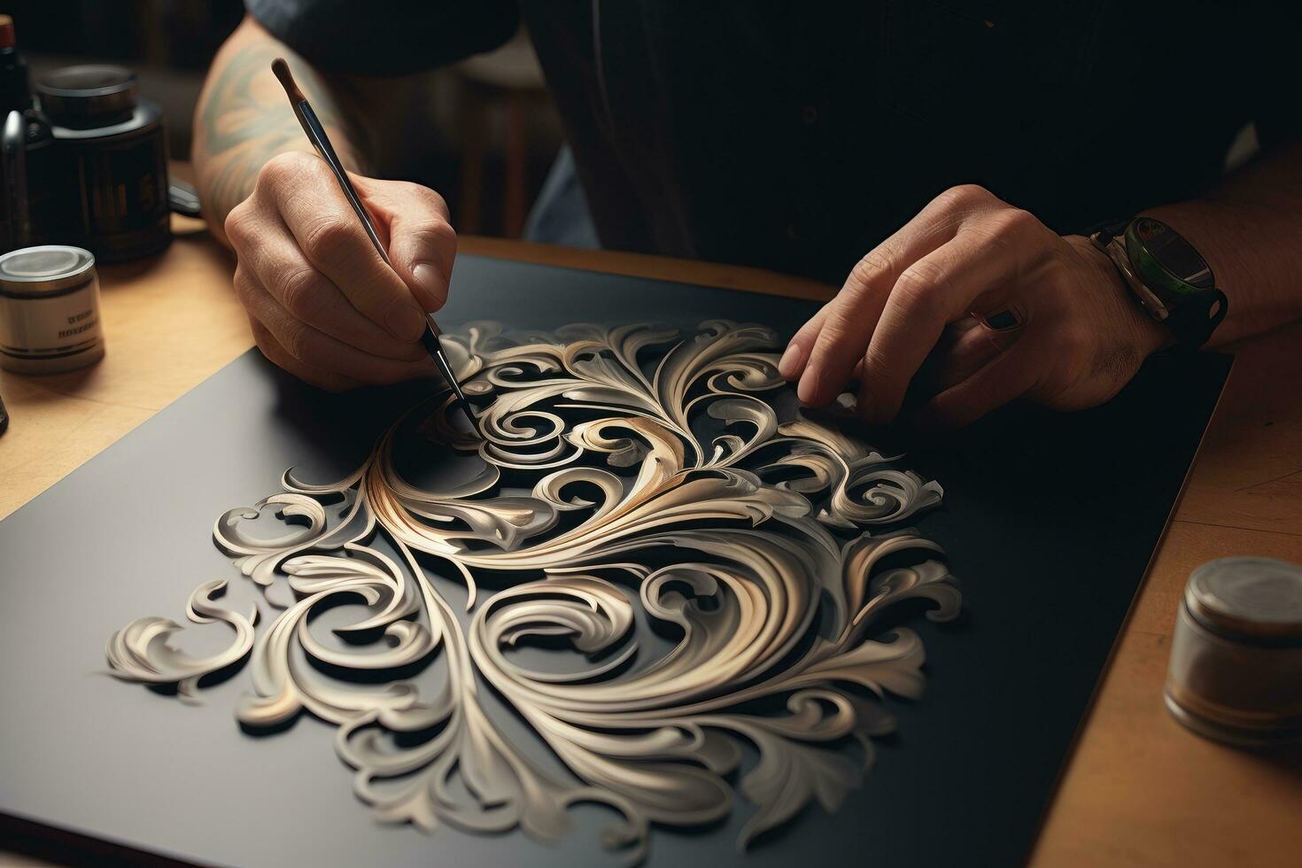 The artist draws a pattern on a black sheet of paper with a brush, Embrace the art of elegant lettering in the enchanting world of Calligraphy style, AI Generated photo