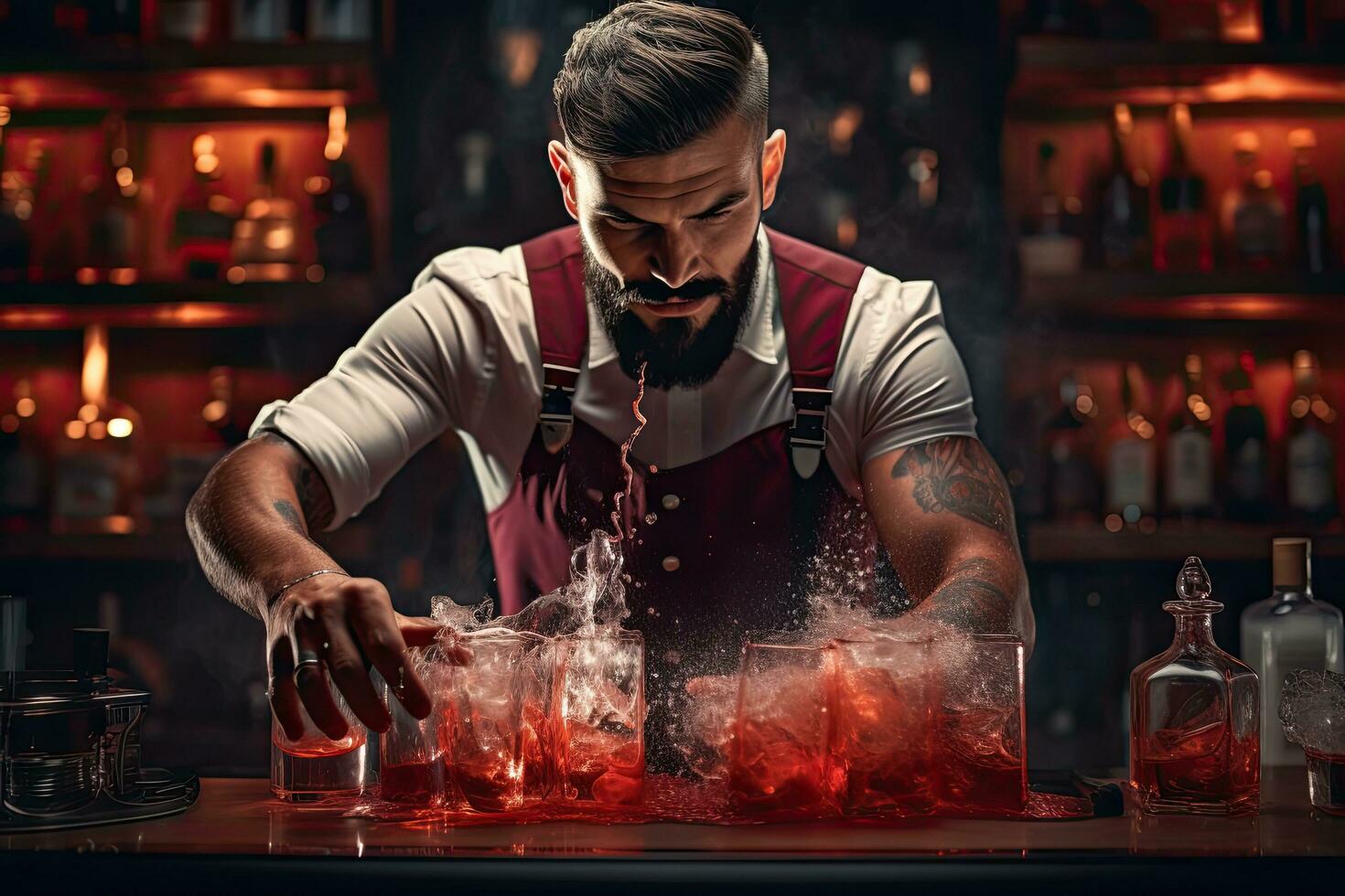 Barman preparing cocktail. Bearded bartender in red apron is making cocktail, Expert barman is making cocktails at the night club or bar,  top section cropped, AI Generated photo