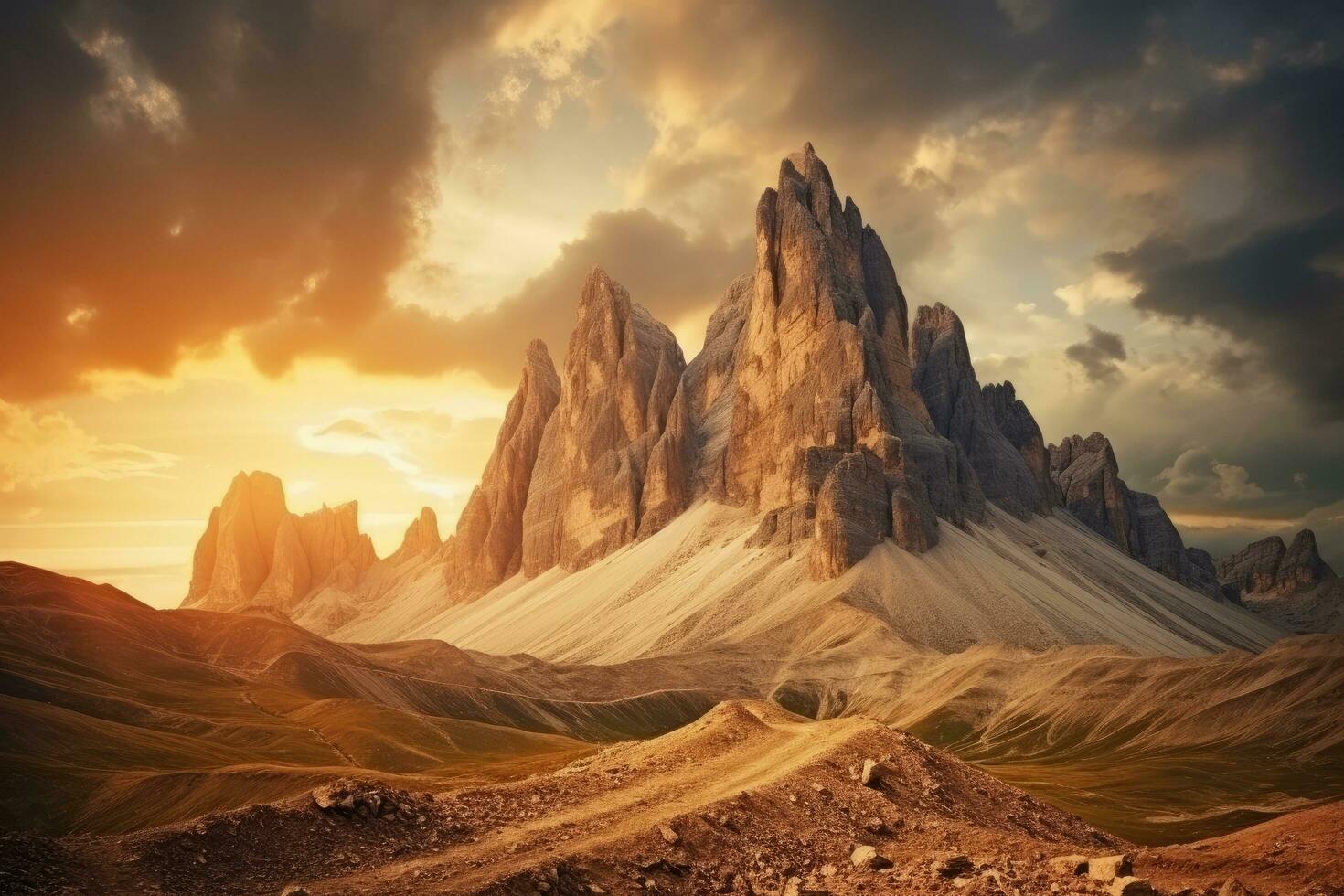 Sunset in the Dolomites, Italy. Panoramic view, famous Italian National Park Tre Cime di Lavaredo. Dolomites, South Tyrol. Auronzo, AI Generated photo