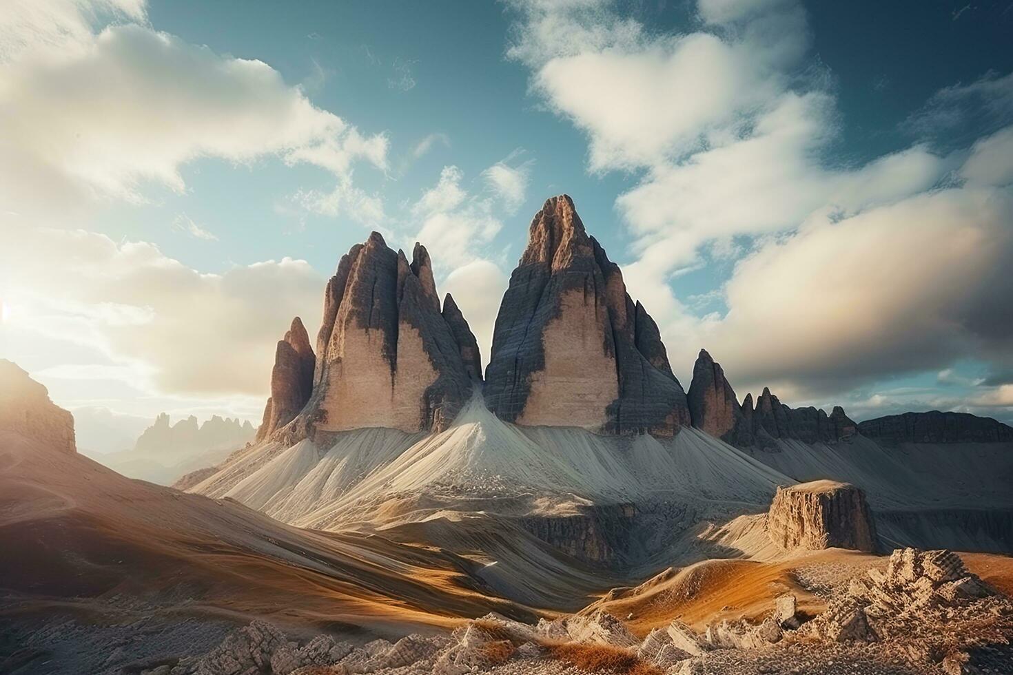 Fantastic sunrise over Tre Cime di Lavaredo, Dolomites, Italy, famous Italian National Park Tre Cime di Lavaredo. Dolomites, South Tyrol. Auronzo, AI Generated photo