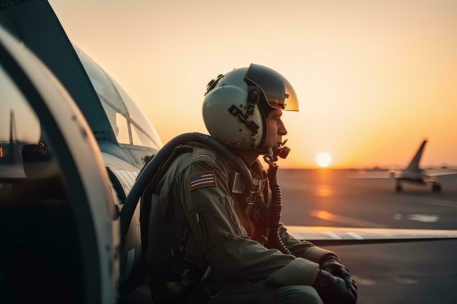 Airplane pilot in uniform and helmet sitting on the cockpit and looking at the sunset, Fighter Jet pilots wearing full gear and standing in different poses on a white background, AI Generated photo