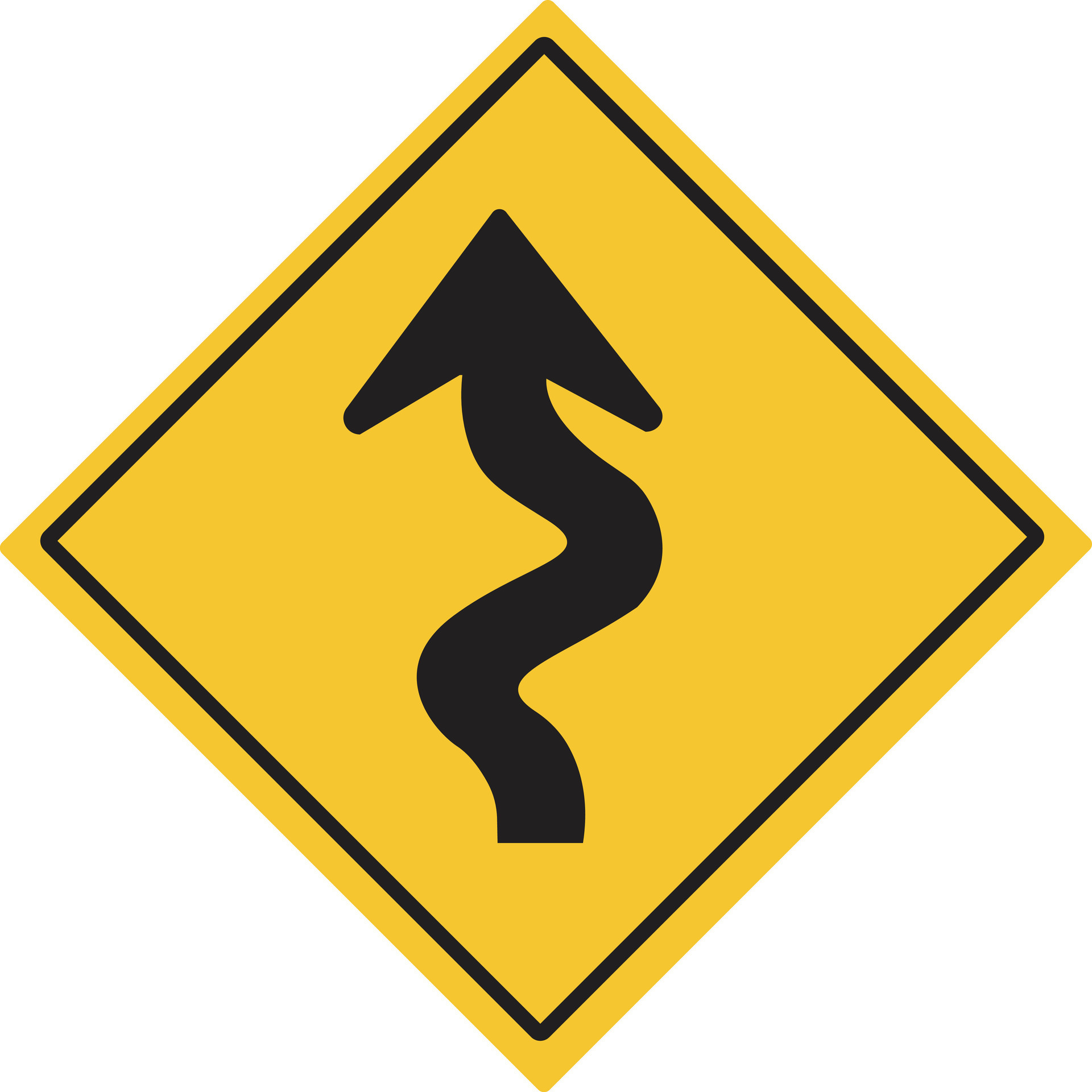 Left zig zag road.Various curved signs. Traffic warning signs