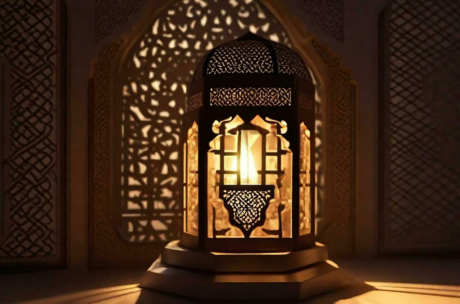 A lantern with the light shining through the window global illumination mosque in background far away Generative ai photo