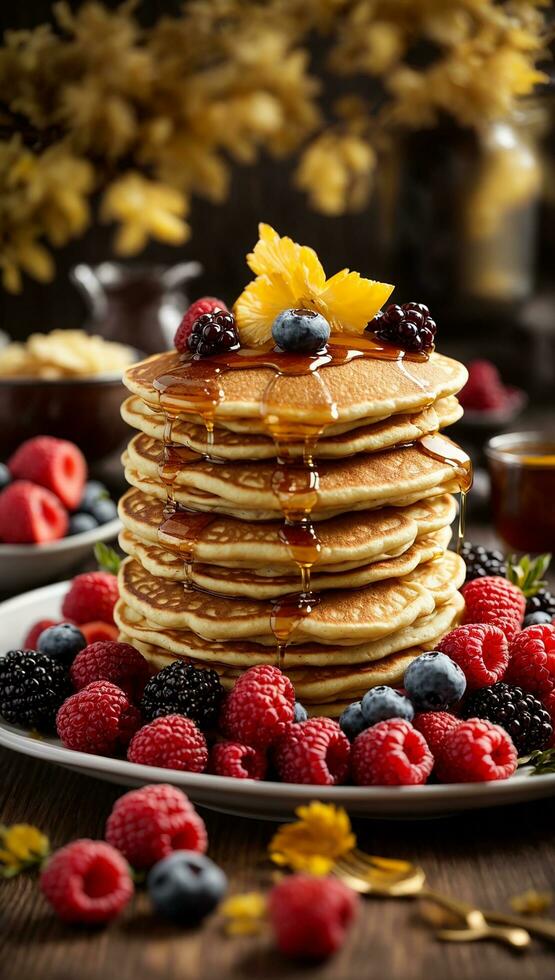 The succulent moment of pouring golden honey over a stack of fluffy pancakes Generative ai photo