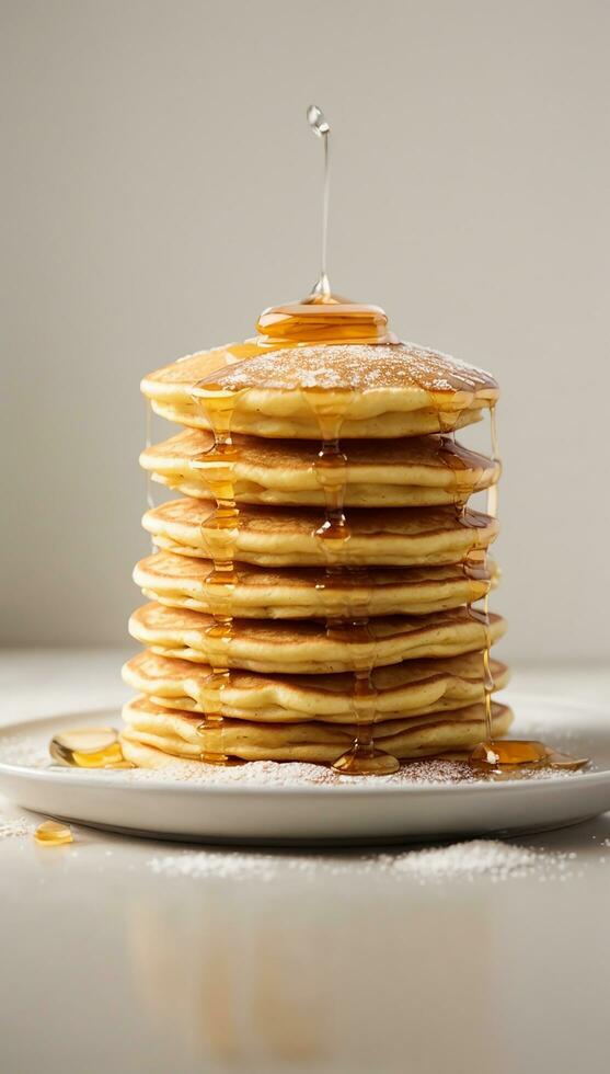 The succulent moment of pouring golden honey over a stack of fluffy pancakes Generative ai photo