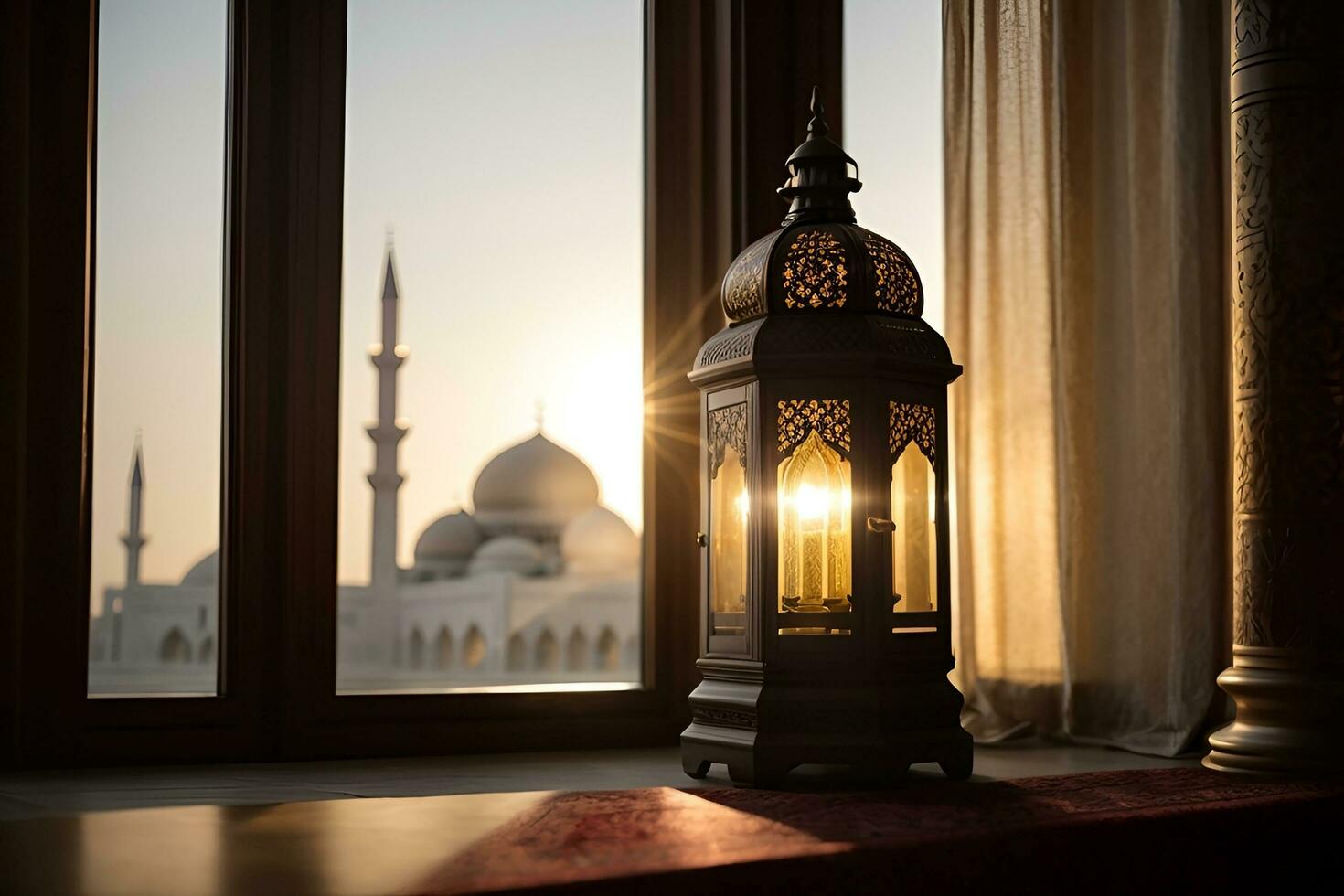A lantern with the light shining through the window global illumination mosque in background far away Generative ai photo