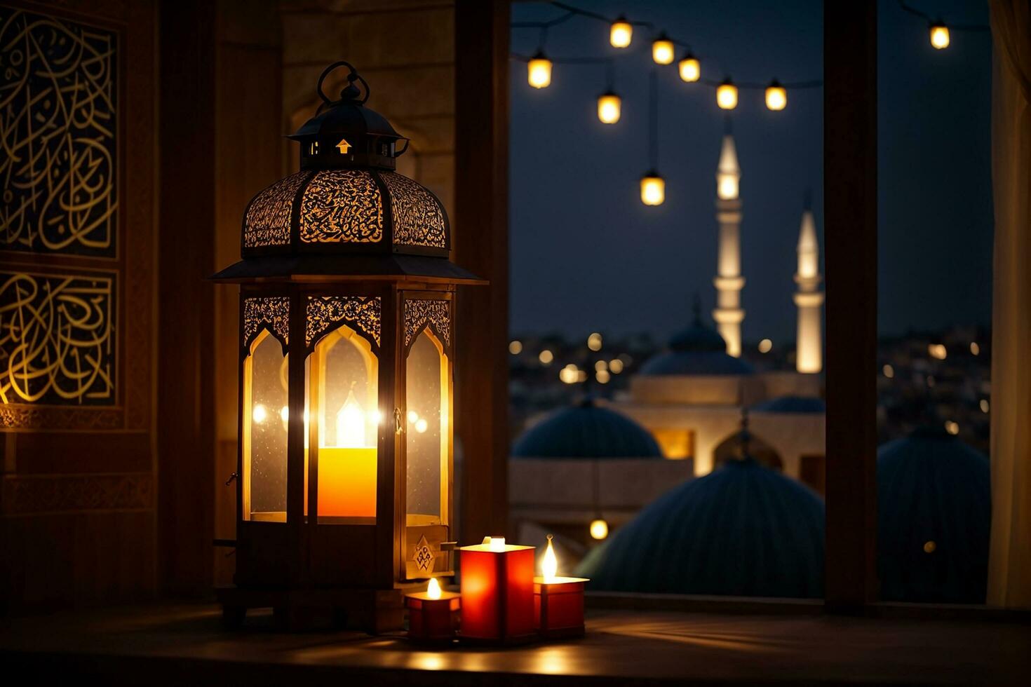A lantern with the light shining through the window global illumination mosque in background far away Generative ai photo
