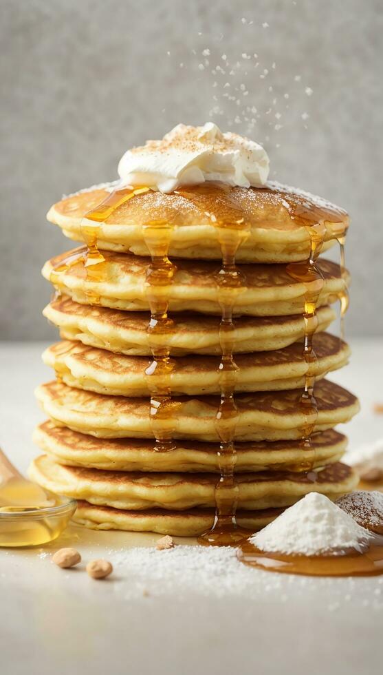 The succulent moment of pouring golden honey over a stack of fluffy pancakes Generative ai photo