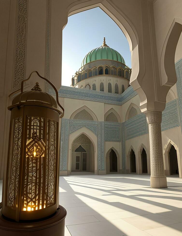 A lantern with the light shining through the window global illumination mosque in background far away Generative ai photo