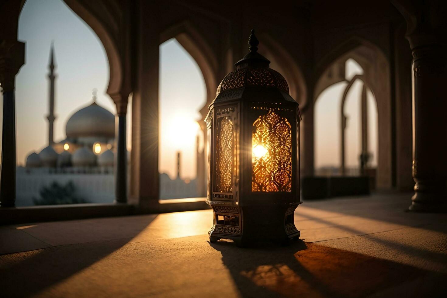 A lantern with the light shining through the window global illumination mosque in background far away Generative ai photo