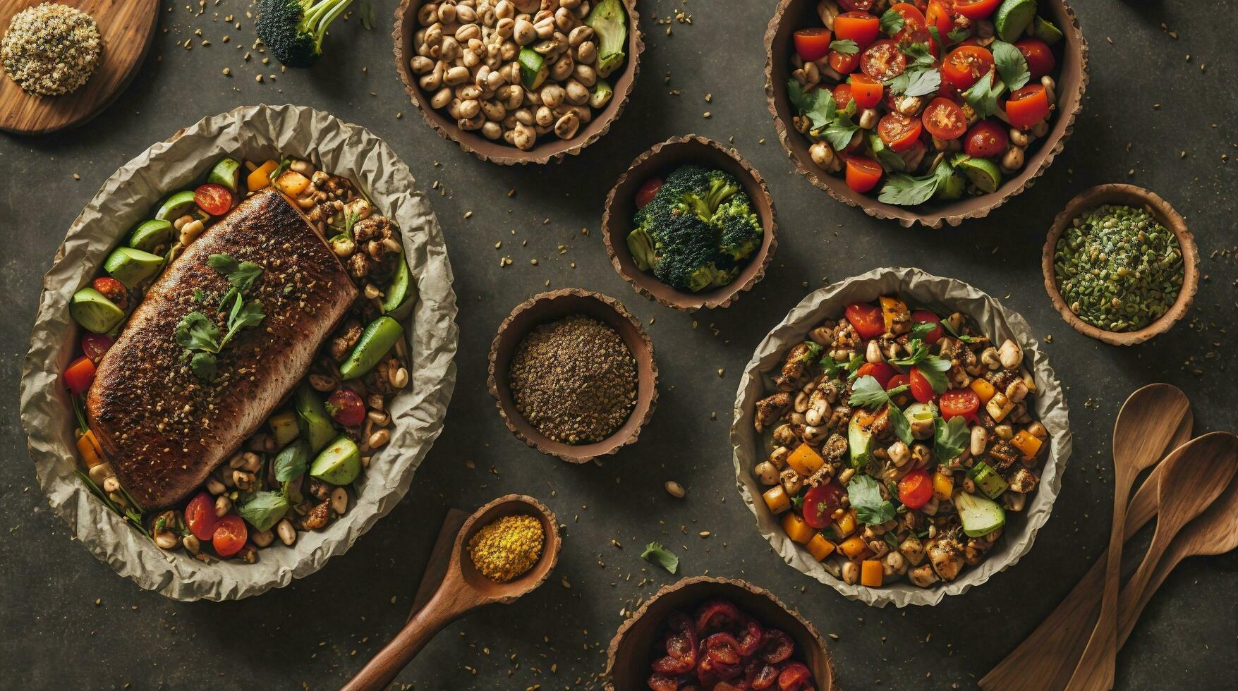 Immerse yourself in a healthy feast with a captivating photograph showcasing a variety of wholesome food dishes ai generative photo