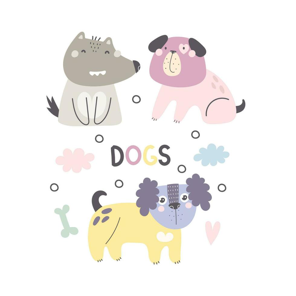 dibujos animados perros, mano dibujo letras . vistoso plano vector ilustración para niños. bebé diseño para huellas dactilares, carteles, tarjetas