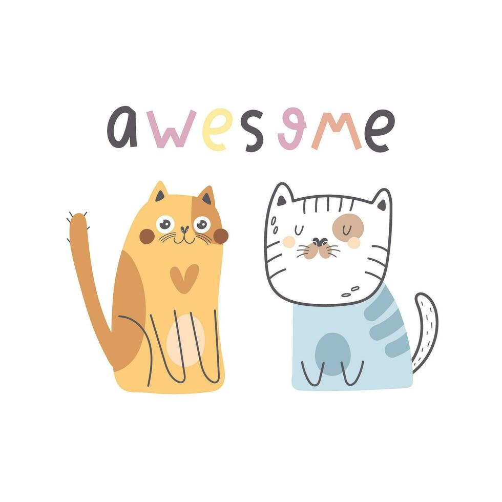 impresionante. dibujos animados gato, mano dibujo letras. vistoso vector plano estilo ilustración para niños. bebé diseño para tarjetas, huellas dactilares, carteles, cubrir