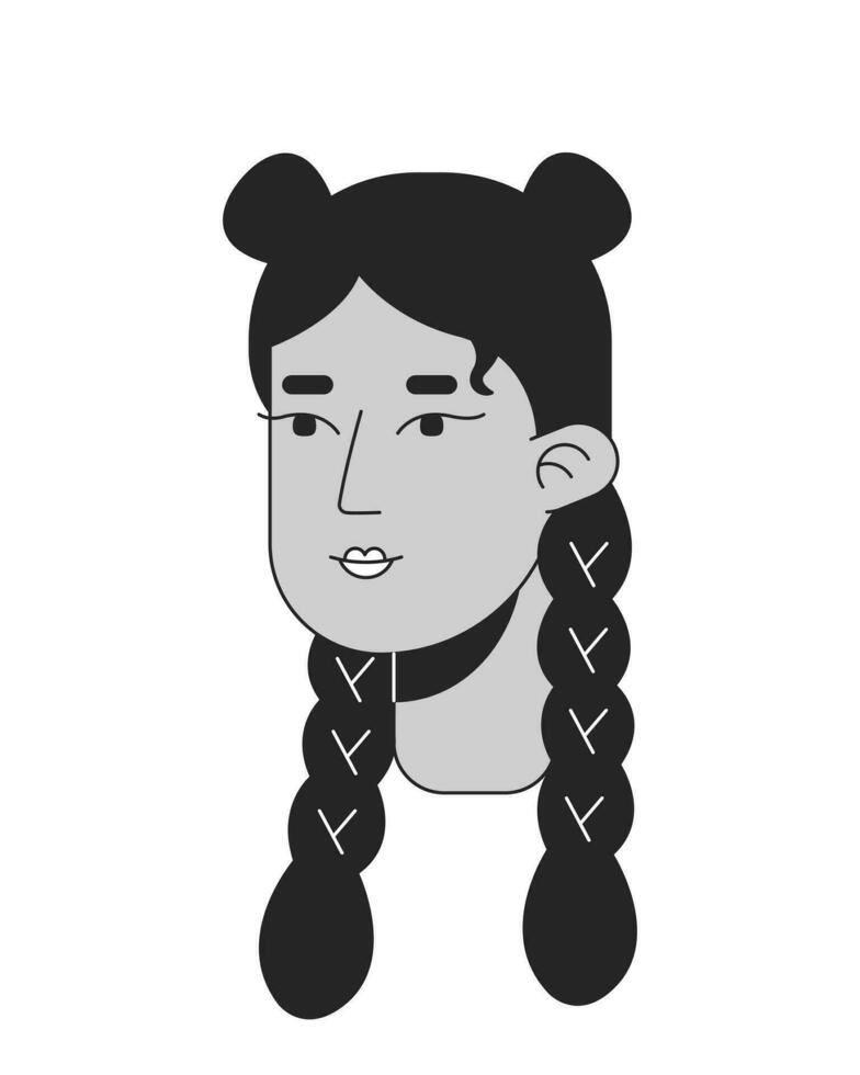 Beautiful girl with traditional mexican braids black and white 2D line cartoon character head. Latin female braided hairstyle isolated vector outline person face. Monochromatic flat spot illustration