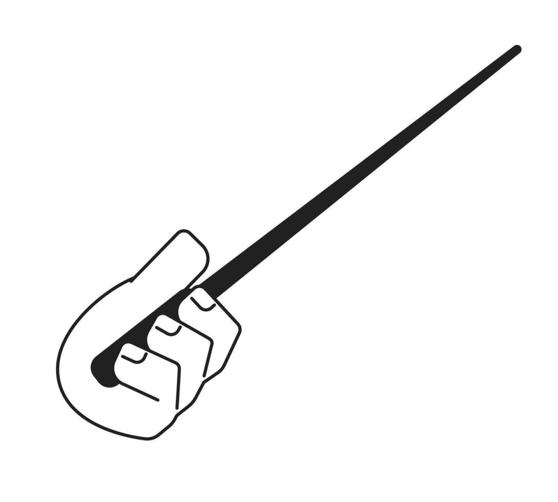 Hand holding stick cartoon hand outline illustration. Instructor pointing 2D isolated black and white vector image. Demonstration, direction. Showing presentation flat monochromatic drawing clip art