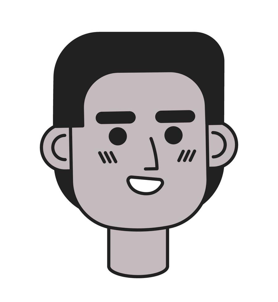 Black young man front view black and white 2D vector avatar illustration. African american excited man outline cartoon character face isolated. Joyful guy flat user profile image, portrait male