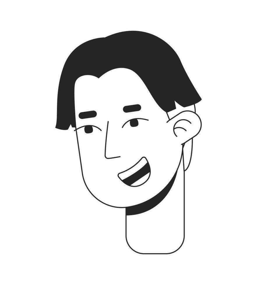 Stylish asian guy with middle part bangs black and white 2D line cartoon character head. Korean young adult man isolated vector outline person face. Curtain bangs monochromatic flat spot illustration