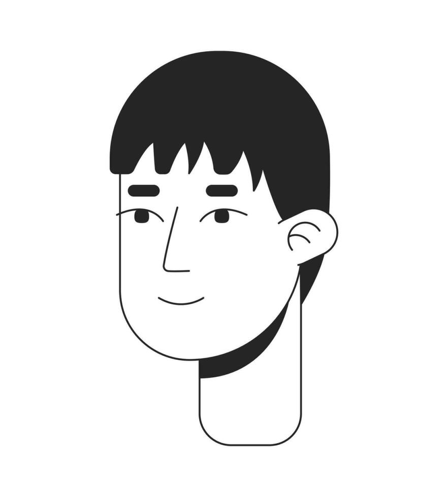 promedio coreano joven adulto hombre negro y blanco 2d línea dibujos animados personaje cabeza. normal japonés chico aislado vector contorno persona rostro. chico sonriente tímidamente monocromo plano Mancha ilustración