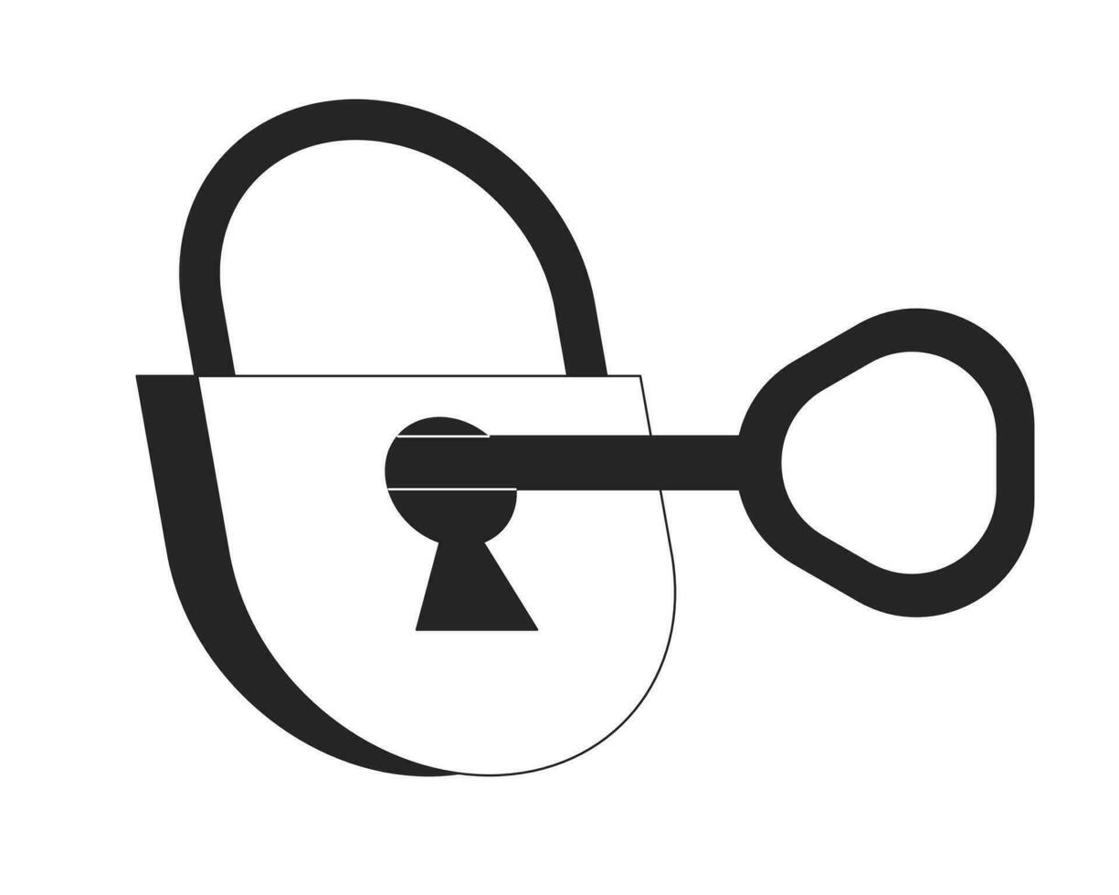 Key in padlock flat monochrome isolated vector object. Unlock. Editable black and white line art drawing. Simple outline spot illustration for web graphic design