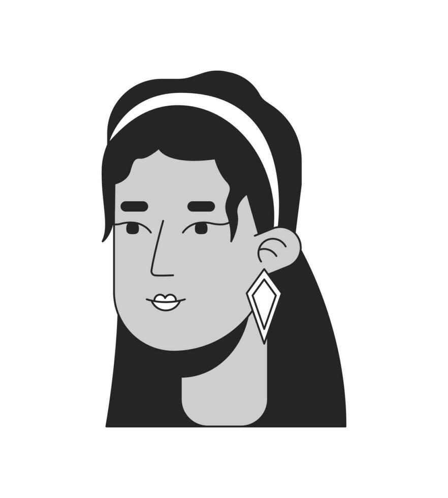 hermosa latina mujer con retro peinado negro y blanco 2d línea dibujos animados personaje cabeza. 60s peinado hembra Hispano aislado vector contorno persona rostro. monocromo plano Mancha ilustración