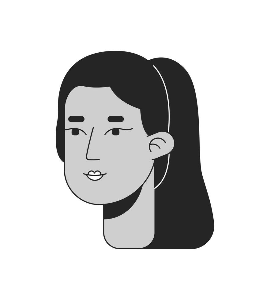 Ponytail young adult middle eastern woman black and white 2D line cartoon character head. Casual arab female isolated vector outline person face. Lady elegant monochromatic flat spot illustration