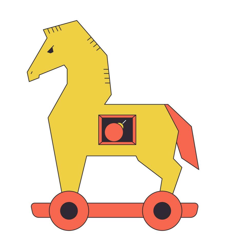 Trojan horse with bomb inside flat line color isolated vector object. Hidden threat. Editable clip art image on white background. Simple outline cartoon spot illustration for web design