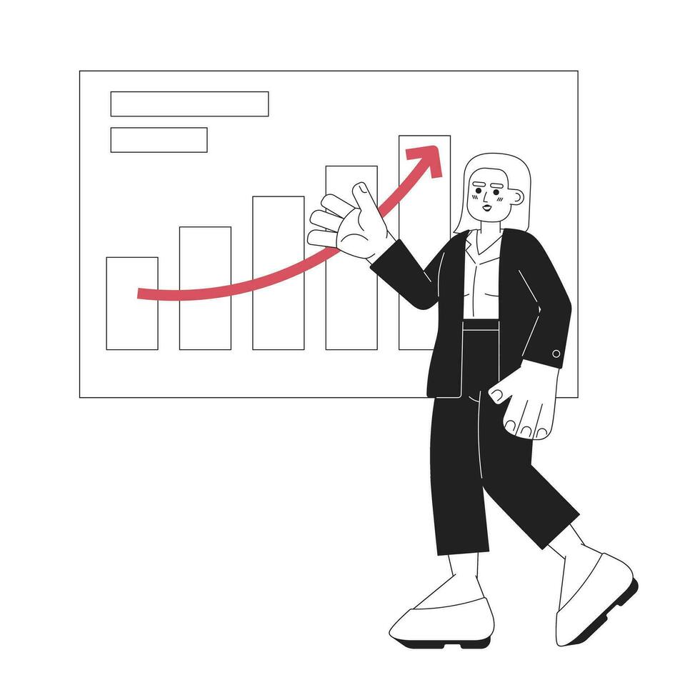 Middle eastern woman graphs pointing black and white 2D cartoon character. Arab young adult female speaker showing presentation isolated vector outline person. Monochromatic flat spot illustration