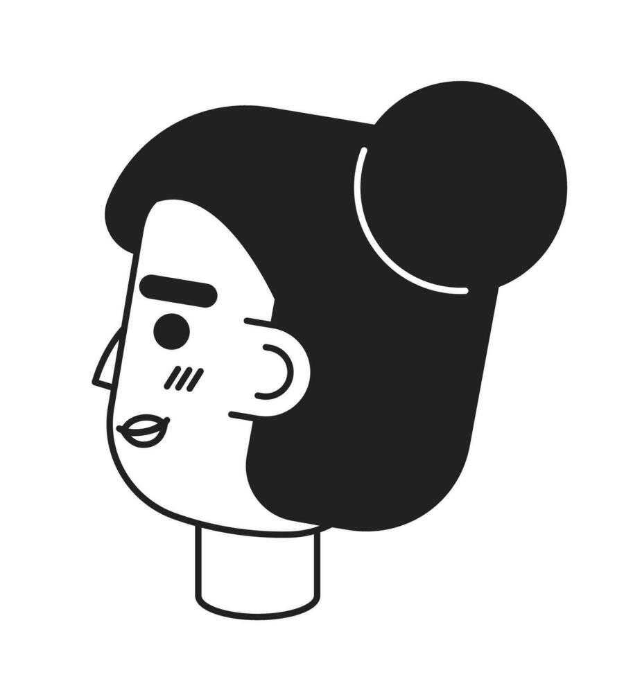 Indian girl with bun side view black and white 2D vector avatar illustration. Top knot hair south asian woman outline cartoon character face isolated. Cheerful flat user profile image, portrait female
