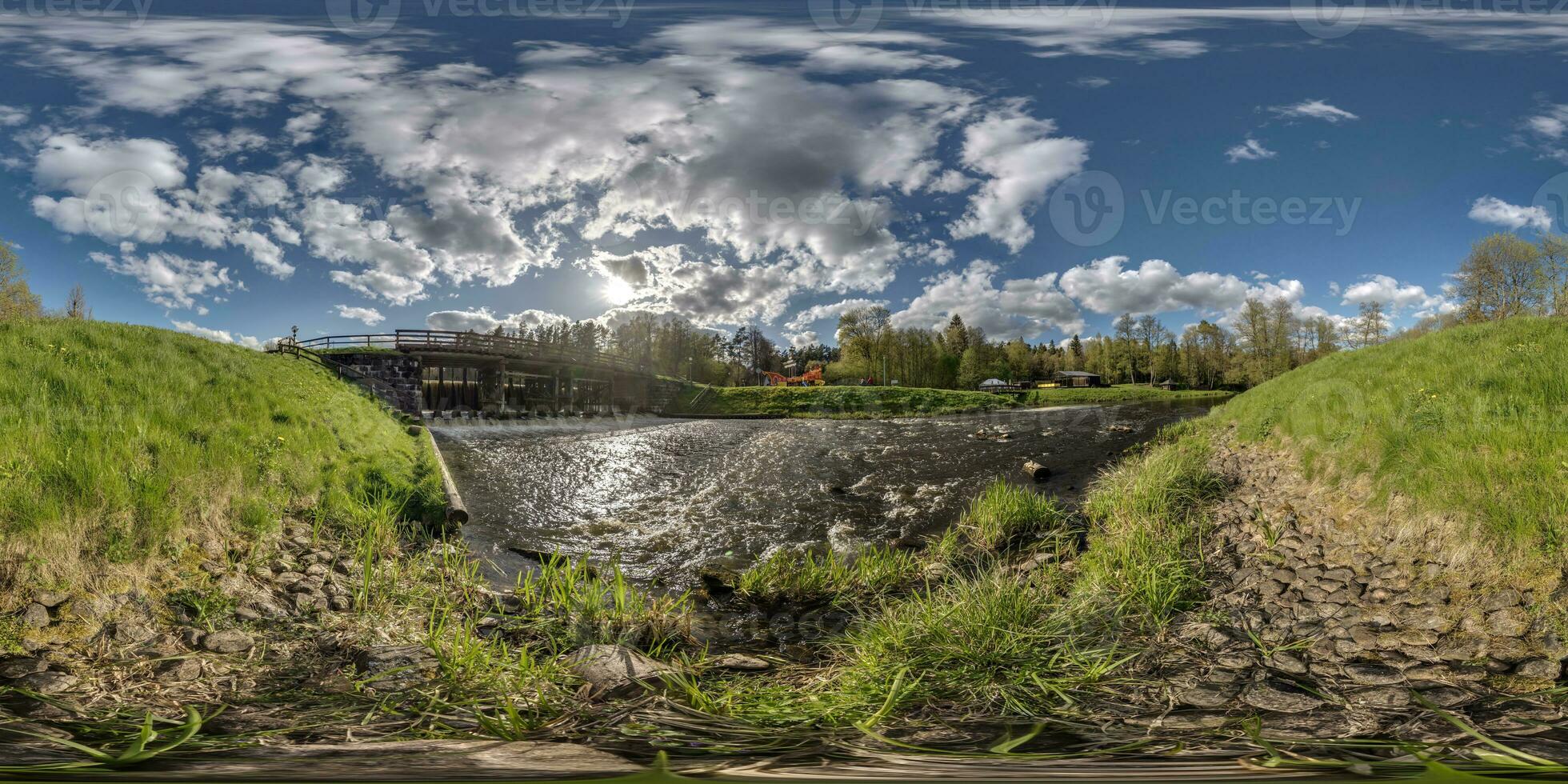 full seamless spherical hdri 360 panorama view near dam lock sluice on lake impetuous waterfall with beautiful clouds in equirectangular projection, VR content photo