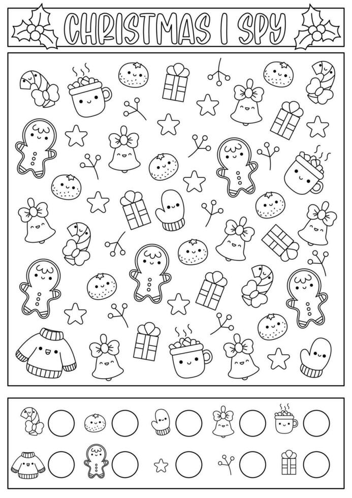 Christmas black and white I spy game for kids. Searching and counting line activity with cute kawaii holiday symbols. Winter printable worksheet, coloring page. New Year puzzle with gingerbread vector